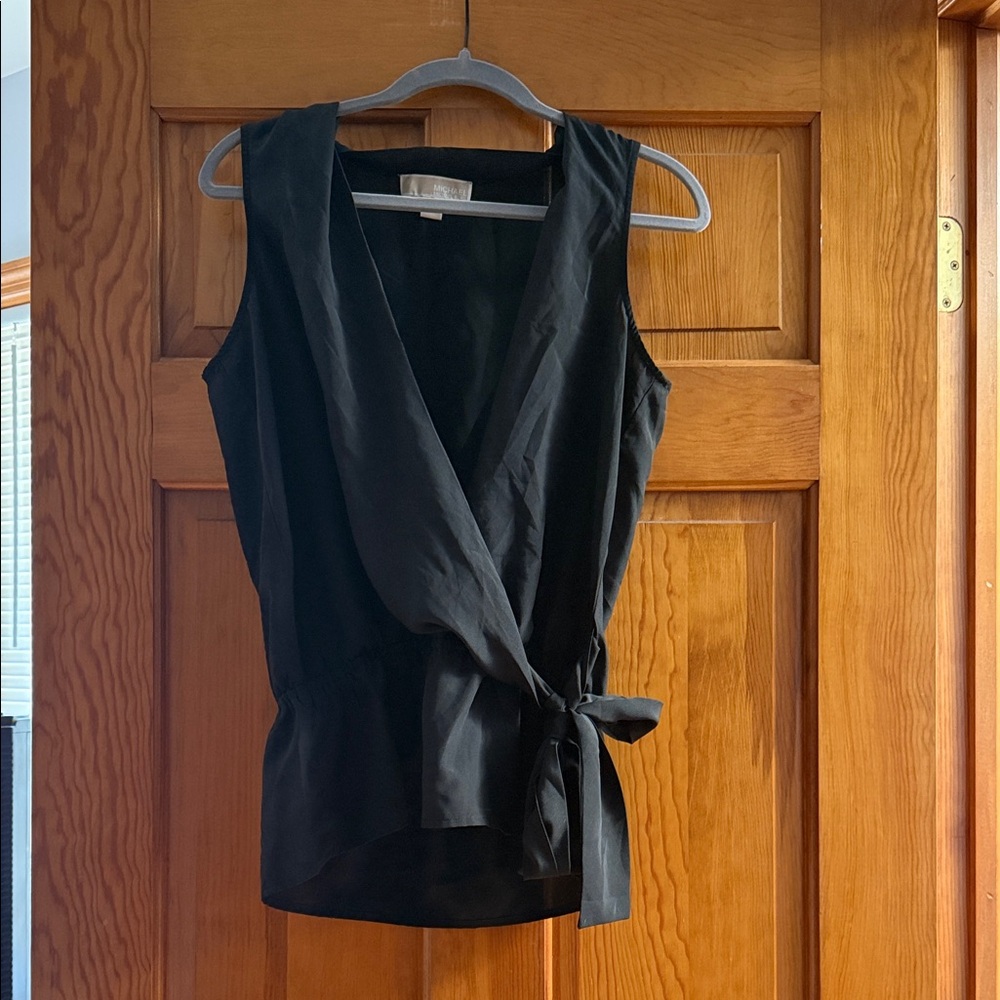 Michael Kors Black Sleeveless Wrap Top with Side Tie Detail
